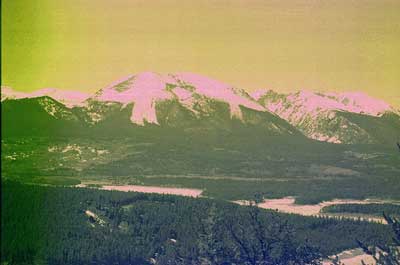 A photograph from a roll of film found in an camera from an estate. The image is an unknown ski resort from the late 1970s to early 1980s. The photograph is reminiscent of a Japanese Wood Block print. 